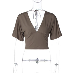 Short sleeve v neck self tie backless top