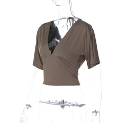 Short sleeve v neck self tie backless top
