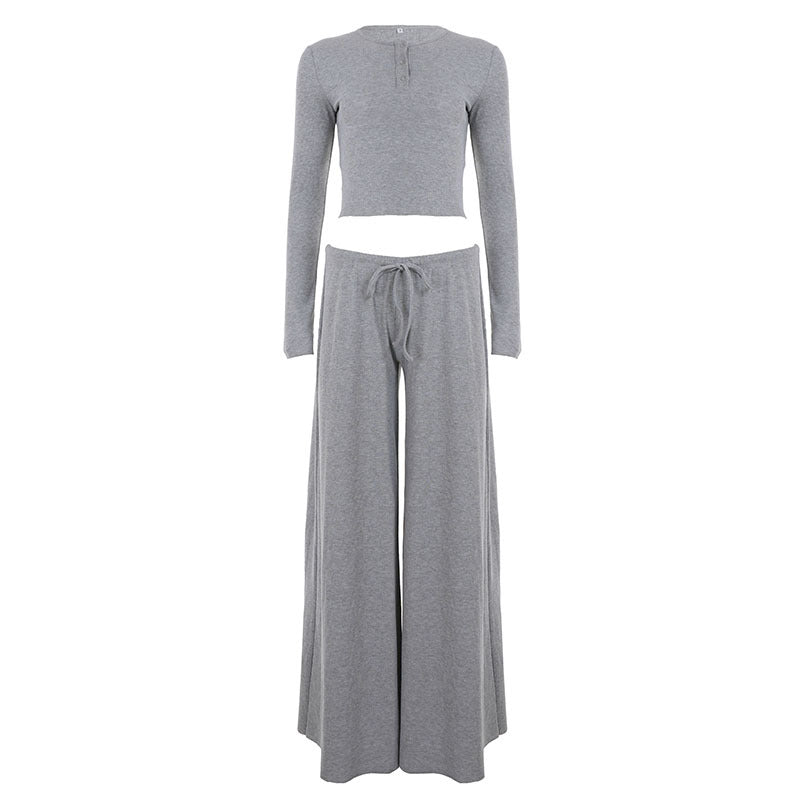 Long sleeve crewneck button self tie pant set