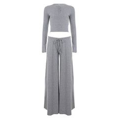 Long sleeve crewneck button self tie pant set