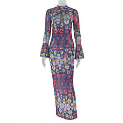Long sleeve mesh contrast print maxi dress