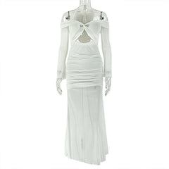 Long sleeve off shoulder halter hollow out mesh cut out maxi dress