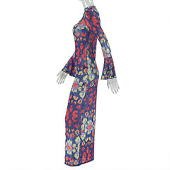 Long sleeve mesh contrast print maxi dress