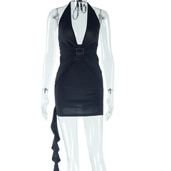 Halter ruffle backless self tie mini dress