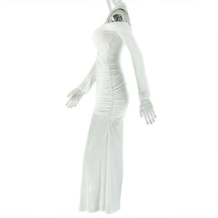 Long sleeve off shoulder halter hollow out mesh cut out maxi dress