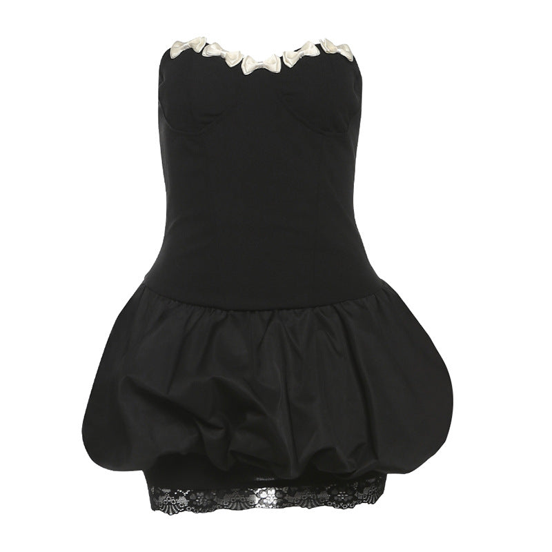 Sweetheart neck bowknot lace hem mini dress