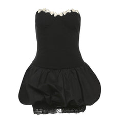 Sweetheart neck bowknot lace hem mini dress