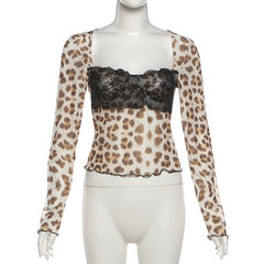 Long sleeve leopard print lace hem top