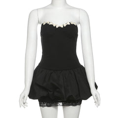 Sweetheart neck bowknot lace hem mini dress