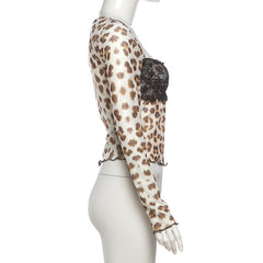 Long sleeve leopard print lace hem top