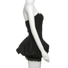 Sweetheart neck bowknot lace hem mini dress