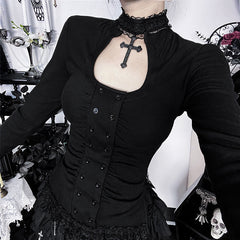 High neck long sleeve hollow out lace hem button cut out top