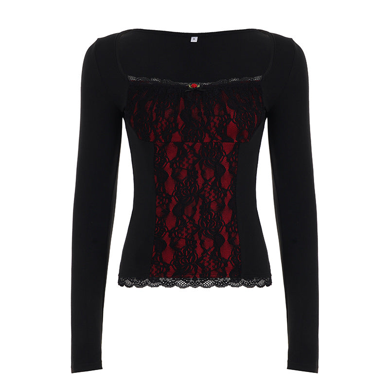Square neck long sleeve flower applique lace top