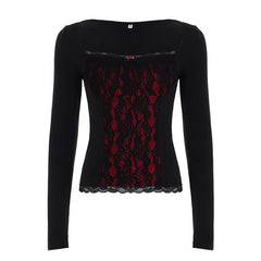 Square neck long sleeve flower applique lace top