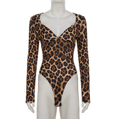 V neck long sleeve leopard print bodysuit