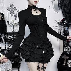 High neck long sleeve hollow out lace hem button cut out top