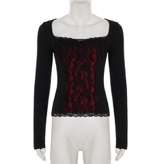 Square neck long sleeve flower applique lace top