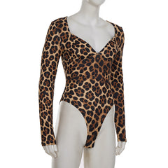 V neck long sleeve leopard print bodysuit