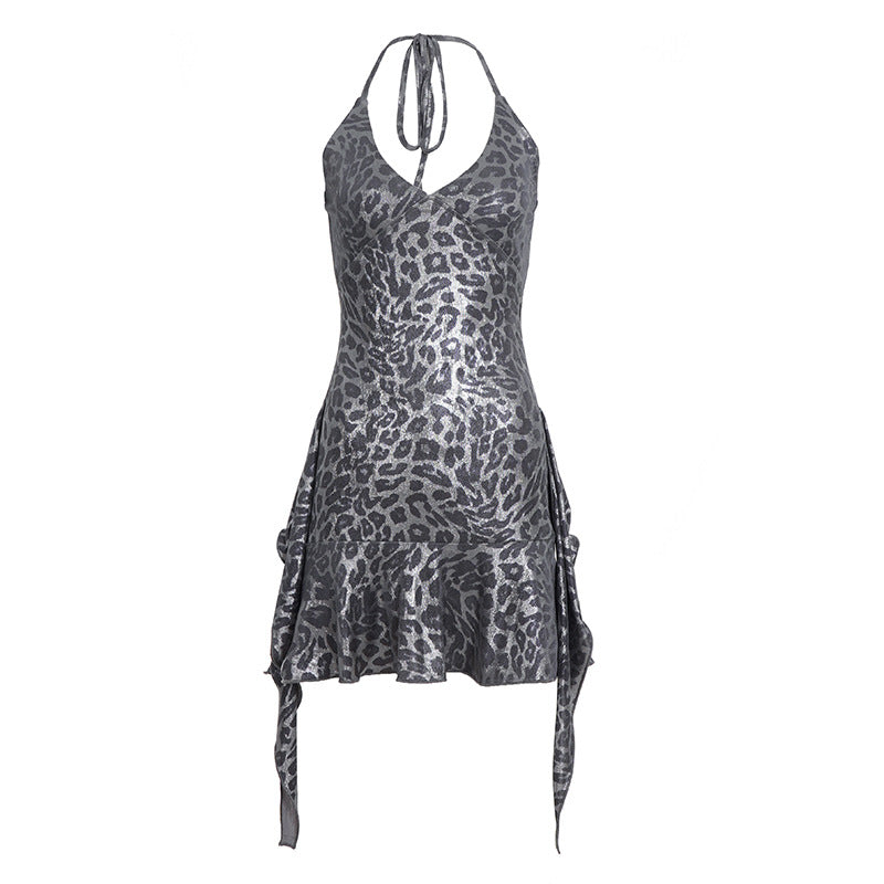 Halter v neck leopard print ruffle mini dress