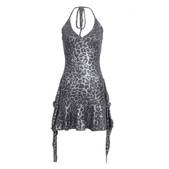 Halter v neck leopard print ruffle mini dress