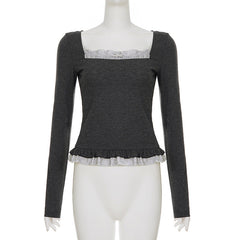 Square neck long sleeve lace hem top