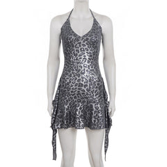 Halter v neck leopard print ruffle mini dress
