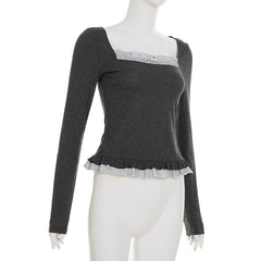 Square neck long sleeve lace hem top