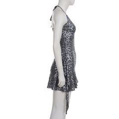 Halter v neck leopard print ruffle mini dress