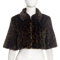 Turnover collar zip-up leopard print fluffy top