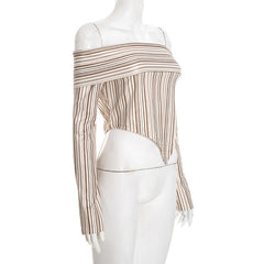 Off shoulder striped print long sleeve irregular top