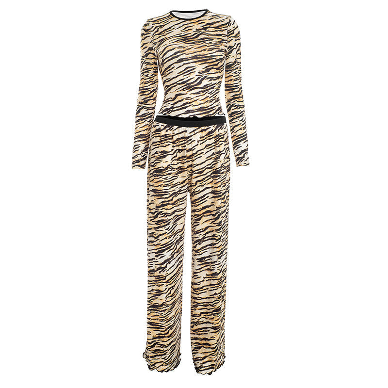 Tiger stripes print crewneck long sleeve pant set