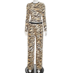 Tiger stripes print crewneck long sleeve pant set