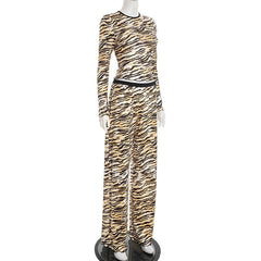 Tiger stripes print crewneck long sleeve pant set