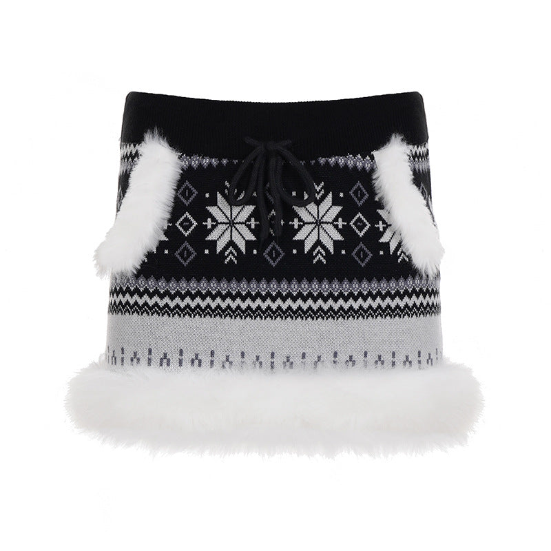 Drawstring fluffy print contrast mini skirt