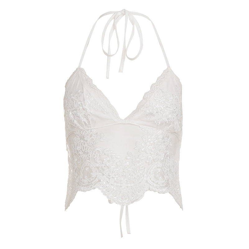 Halter self tie v neck lace backless top