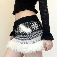 Drawstring fluffy print contrast mini skirt
