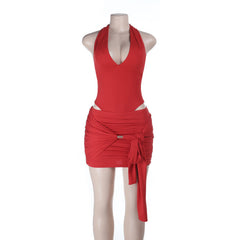 Self tie halter v neck ruched backless mini skirt set