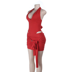 Self tie halter v neck ruched backless mini skirt set