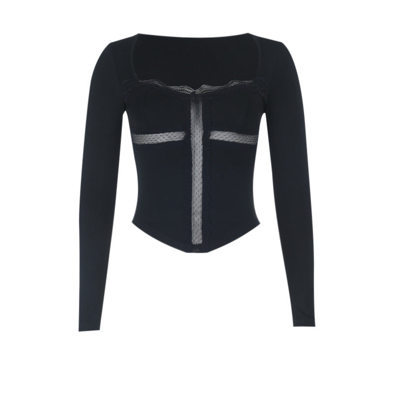 Long sleeve lace hem cross solid top