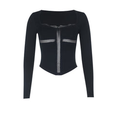 Long sleeve lace hem cross solid top