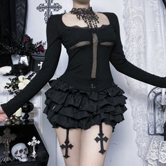 Long sleeve lace hem cross solid top