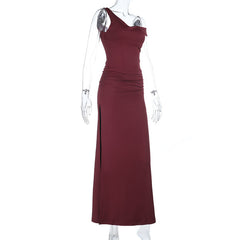 Ruched slit backless solid tank maxi skirt set