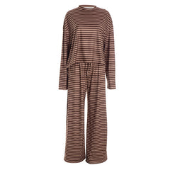 Striped print crewneck drawstring medium rise pant set