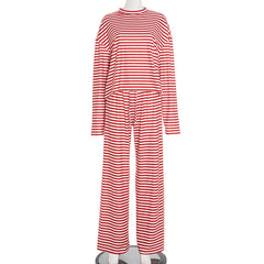 Striped print crewneck drawstring medium rise pant set