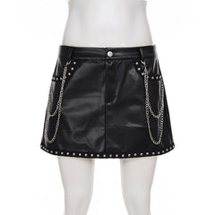 Metal chain zip-up PU leather pocket mini skirt