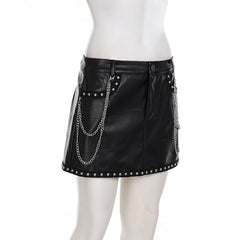 Metal chain zip-up PU leather pocket mini skirt