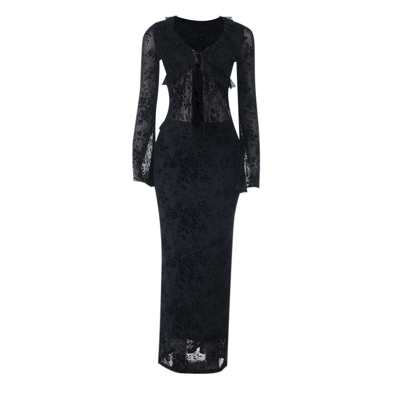 Long sleeve v neck lace self tie ruffle maxi skirt set