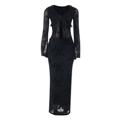 Long sleeve v neck lace self tie ruffle maxi skirt set