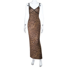 Leopard print v neck backless cami maxi dress