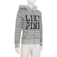 Hoodie fluffy long sleeve zip-up "LIKE PINK" pattern top